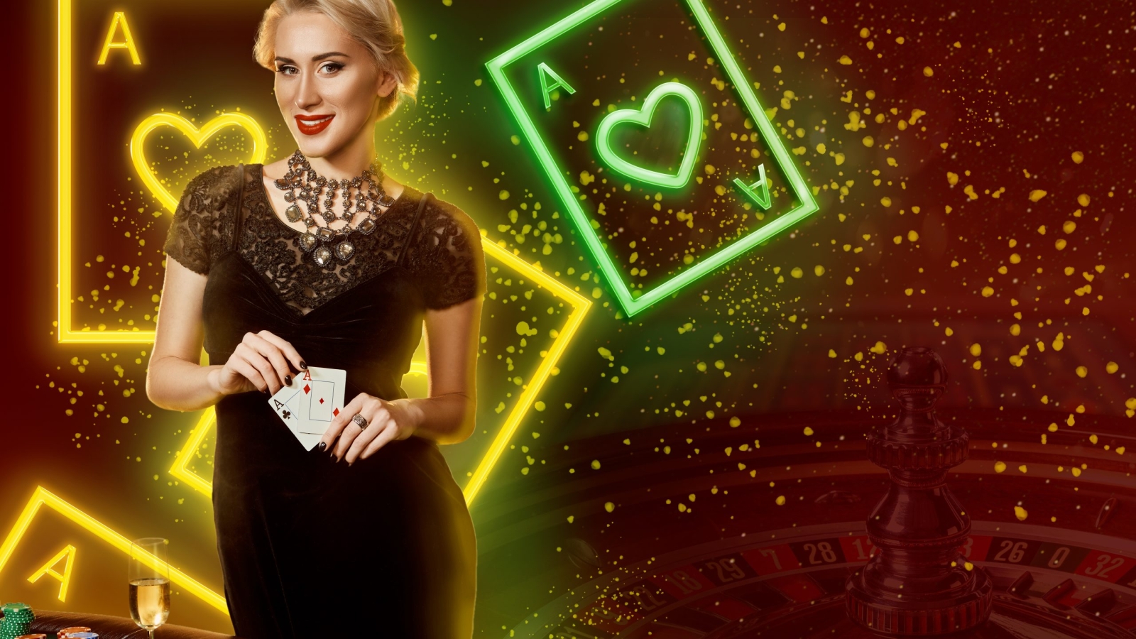 Blonde girl in black dress, jewelry. Showing two aces, smiling, posing at table with stacks of chips and champagne on it. Colorful background with neon playing cards, roulette. Poker, casino. Close-up